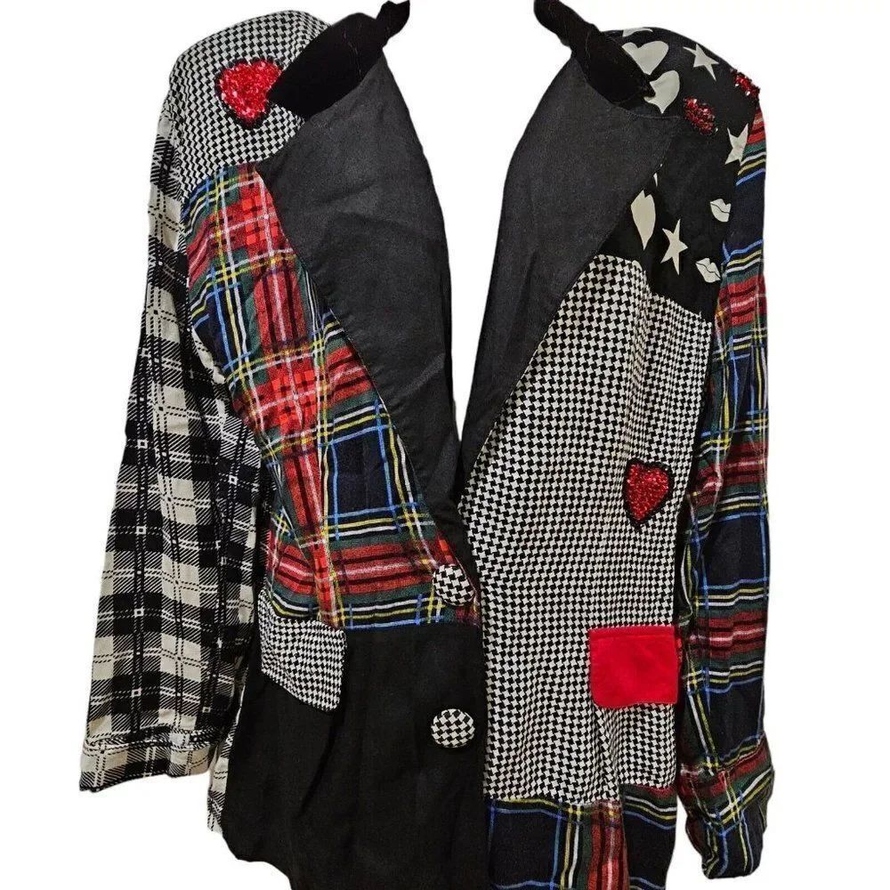 Vintage 80s Surya Blazer Jacket Womens Size M Black White Red Check Plaid Funky